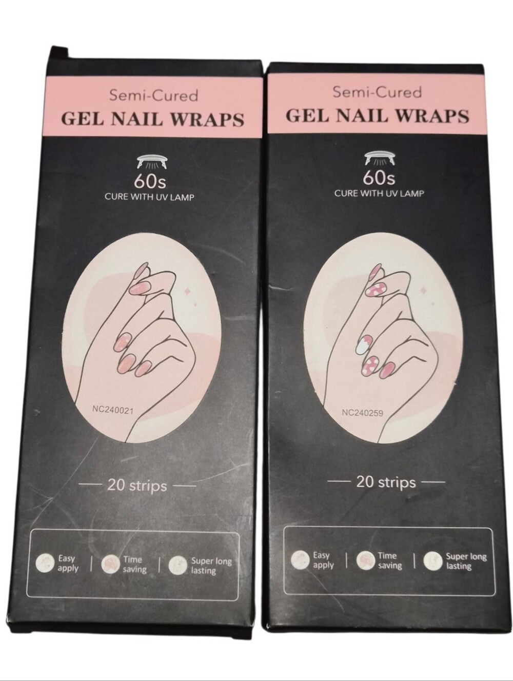 2 Pack Semi-Cured Gel Nail Wraps Pink Heart & Daisy Designs 20 Strips Each